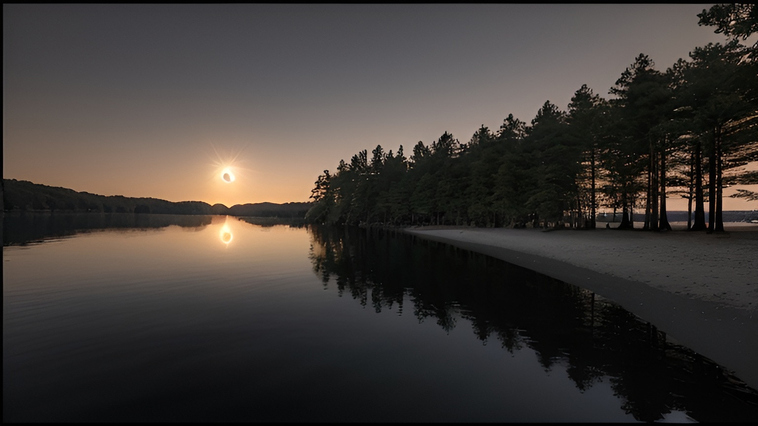 Prompt: Photorealistic image of a total solar eclipse as viewed from a lakeside beach, trees on the opposite sides of the shoreline, 360 degree sunset, twilight lighting, dramatic shifting colors, deep shadows, high contrast, serene and awe-inspiring atmosphere, mirror-like reflections on lake water, ultra-detailed, cinematic masterpiece, warm and cool tones blending seamlessly, 4K.