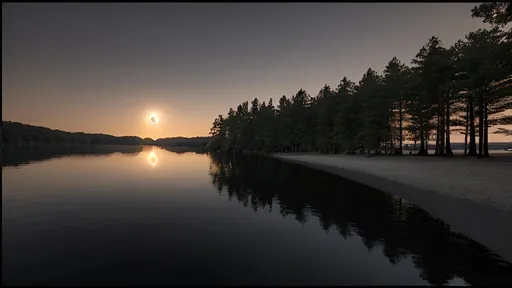 Prompt: Photorealistic image of a total solar eclipse as viewed from a lakeside beach, trees on the opposite sides of the shoreline, 360 degree sunset, twilight lighting, dramatic shifting colors, deep shadows, high contrast, serene and awe-inspiring atmosphere, mirror-like reflections on lake water, ultra-detailed, cinematic masterpiece, warm and cool tones blending seamlessly, 4K.