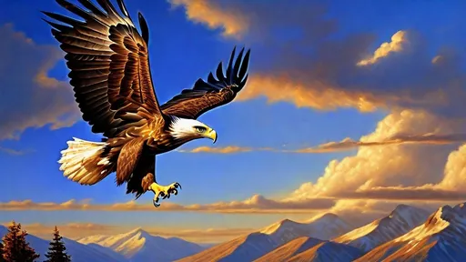 Prompt: photorealistic, (golden eagle) soaring through the sky, (bald eagle) in flight beside it, intense gaze, dynamic lighting, vibrant colors, dramatic contrast, high detail feathers, majestic pose, natural habitat, cloud-streaked blue sky, crisp image quality, incredible realism, showcasing nature's beauty, captivating wildlife interaction, ultra-detailed background elements.