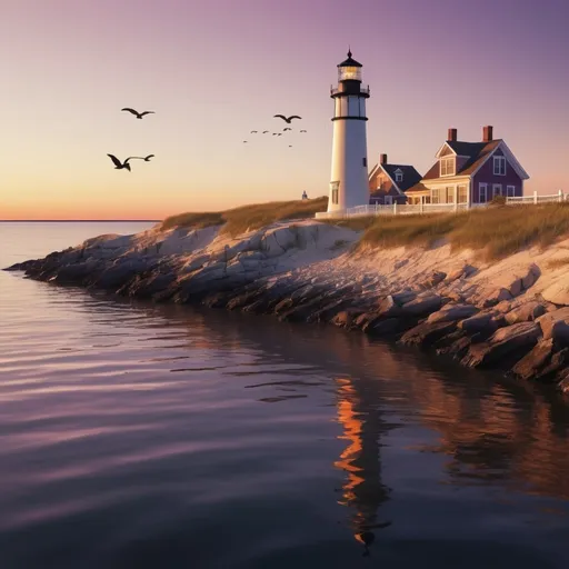 Prompt: Photorealistic (Cape Cod Massachusetts lighthouse) at sunset, (Cormorants flying) parallel to the lighthouse, vibrant warm tones, radiant sunlight casting long shadows, calm and serene atmosphere, richly detailed lighthouse, realistic coastal landscape, reds, oranges, and purples in the sky, water reflecting sunset hues, distant shorelines, ultra-detailed 4K resolution, cinematic lighting, high depth of field, tranquil and picturesque scene