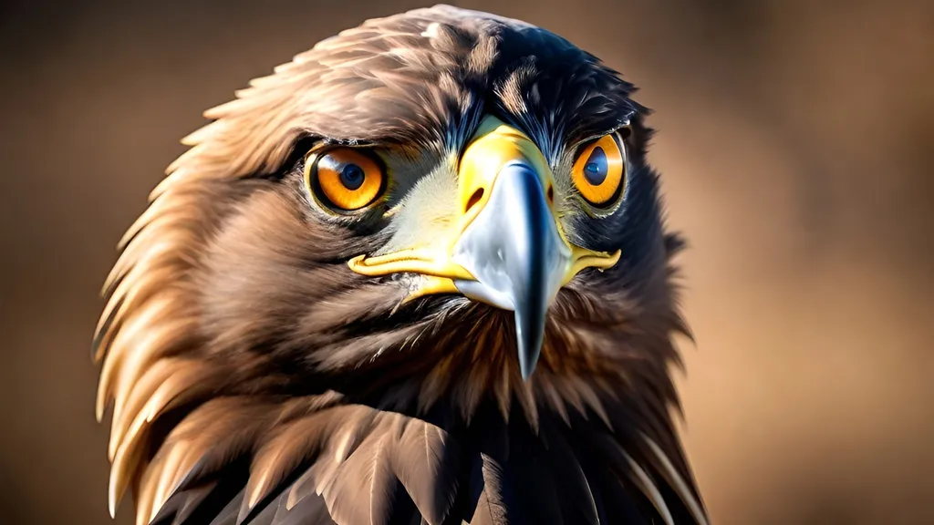 Prompt: (photorealistic) dynamic lighting, (dynamic contrast) high detail, fierce and focused golden eagle, eyes piercing through the frame, sharp feathers glistening in sunlight, rugged natural background, subtle bokeh effect enhancing the subject, grand majestic aura, elements of wildlife and nature, rich earthy tones, exquisite intricacy of plumage, ultra-detailed, HD quality