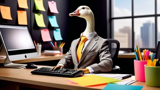 Prompt: (photorealistic) a whimsical goose dressed in a crisp business suit, elegantly perched at a polished office desk, immersed in typing on a sleek computer, surrounded by a flurry of colorful sticky notes and assorted office supplies, warm ambient lighting illuminating the scene, presentation of a clever and humorous workplace atmosphere, (ultra-detailed)