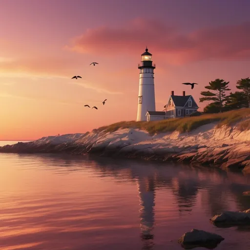 Prompt: Photorealistic (Cape Cod Massachusetts lighthouse) at sunset, (Cormorants flying) parallel to the lighthouse, vibrant warm tones, radiant sunlight casting long shadows, calm and serene atmosphere, richly detailed lighthouse, realistic coastal landscape, reds, oranges, and purples in the sky, water reflecting sunset hues, distant shorelines, ultra-detailed 4K resolution, cinematic lighting, high depth of field, tranquil and picturesque scene