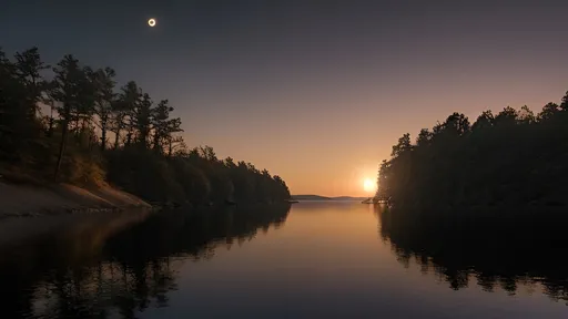 Prompt: Photorealistic image of a total solar eclipse as viewed from a lakeside beach, trees on the opposite sides of the shoreline, 360 degree sunset, twilight lighting, dramatic shifting colors, deep shadows, high contrast, serene and awe-inspiring atmosphere, mirror-like reflections on lake water, ultra-detailed, cinematic masterpiece, warm and cool tones blending seamlessly, 4K.