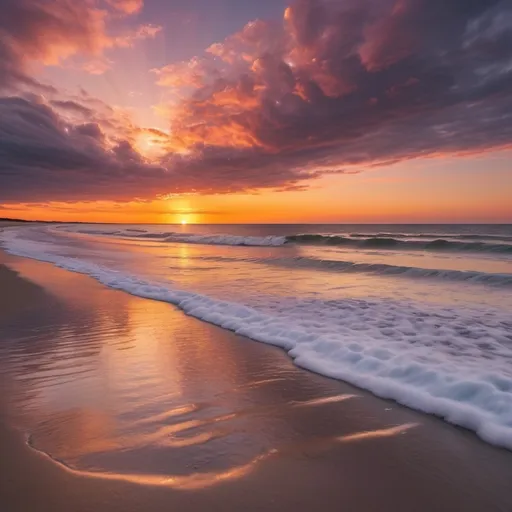 Prompt: (Dramatic sunset on Cape Cod Massachusetts), piping plovers flying in the distance, fluffy clouds, vibrant colors, warm golden hues, intense oranges and pinks, serene atmosphere, gentle waves, reflective ocean, serene horizon, picturesque coastline, detailed foreground and background, high-depth cinematic masterpiece, ultra-detailed, 4K quality, ethereal lighting, tranquil, heightened sense of peace and beauty, enhanced contrast and clarity, expansive sky.