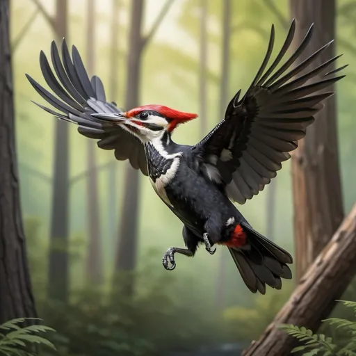 Prompt: Photorealistic image of a pileated woodpecker in flight, wings spread, intense eye contact, forest background, distant stream, high quality, photorealism, detailed feathers, realistic colors, vibrant nature, focused lighting, detailed background, realistic textures, natural tones, 
