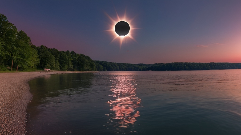 Prompt: (Photorealistic total solar eclipse), Monroe Lake beach, Bloomington Indiana, realistic (moon) and (sun) creating an eclipse, twilight lighting, 360 sunset, high dynamic range, deep navy blues blending into purples and pinks in the sky, reflections on the water, soft gentle waves, sandy shore with light textures, subtle shadows and highlights, serene and awe-inspiring atmosphere, high resolution, ultra-detailed, 4K.