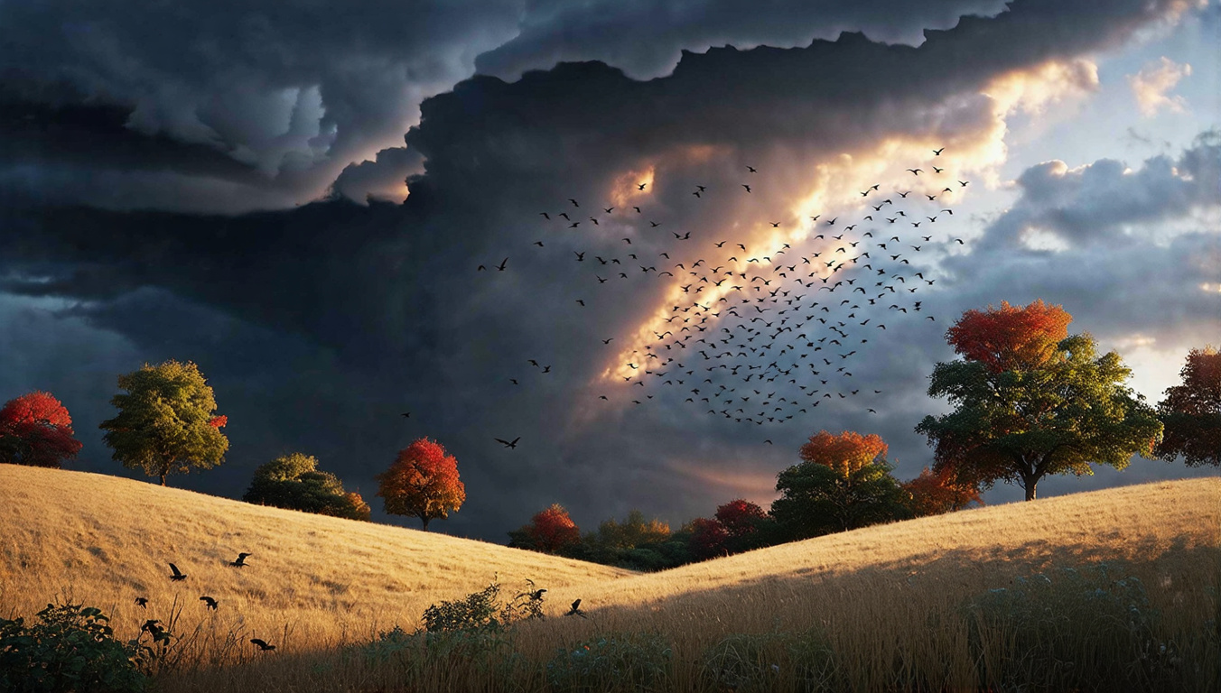 Prompt: (photorealistic) rolling hills landscape, (ominous looming thunderstorm), dark, puffy, swirling clouds, intense natural lighting, (dramatic atmosphere), leafs blowing fast across the ground, flocks of birds swirling chaotically towards trees, rich detail in foliage, stormy sky casting eerie shadows, (4K), (ultra-detailed), conveys a sense of urgency and tension in nature.