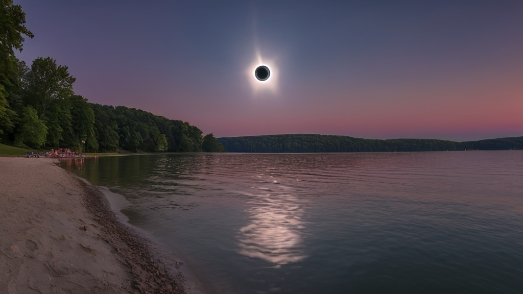 Prompt: (Photorealistic total solar eclipse), Monroe Lake beach, Bloomington Indiana, realistic (moon) and (sun) creating an eclipse, twilight lighting, 360 sunset, high dynamic range, deep navy blues blending into purples and pinks in the sky, reflections on the water, soft gentle waves, sandy shore with light textures, subtle shadows and highlights, serene and awe-inspiring atmosphere, high resolution, ultra-detailed, 4K.