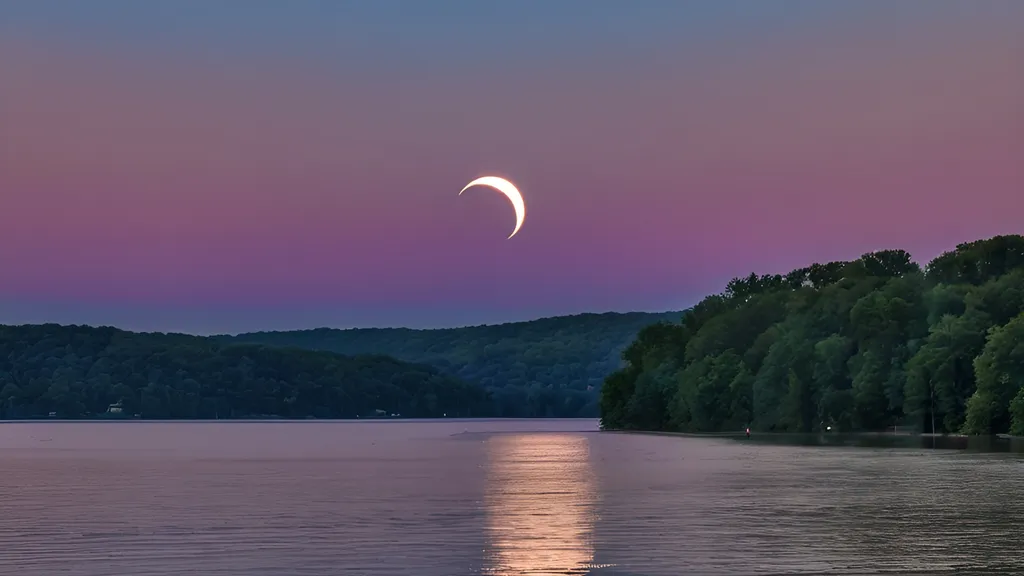 Prompt: (Photorealistic total solar eclipse), Monroe Lake beach, Bloomington Indiana, realistic (moon) and (sun) creating an eclipse, twilight lighting, 360 sunset, high dynamic range, deep navy blues blending into purples and pinks in the sky, reflections on the water, soft gentle waves, sandy shore with light textures, subtle shadows and highlights, serene and awe-inspiring atmosphere, high resolution, ultra-detailed, 4K.