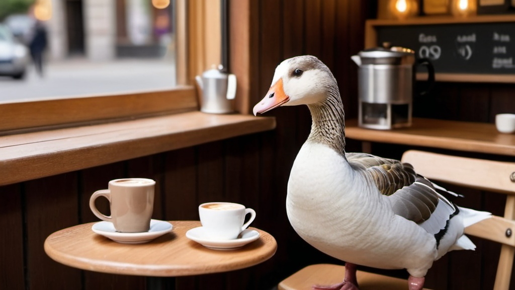 Prompt: A goose dressed in a barista apron serving coffee to other birds, like pigeons and ducks, who are sitting at tiny café tables.