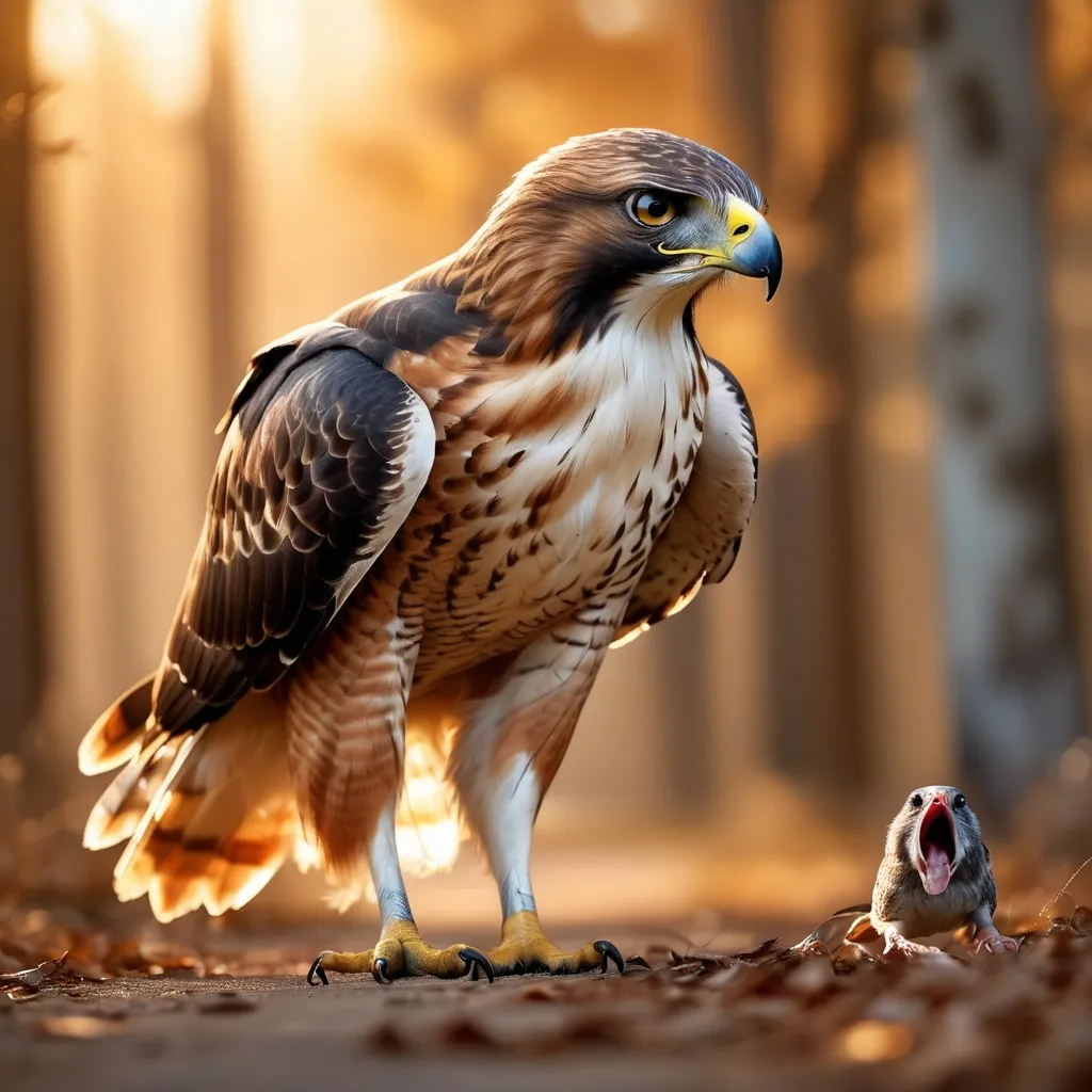 Prompt: Photorealistic image of a (majestic red-tail hawk) walking towards the camera, (dead mouse) clutched in its beak, showcasing detailed feathers, intense eyes, and dynamic pose. The background features a soft, blurred natural environment with warm, golden lighting that enhances the scene, creating an immersive and vivid atmosphere. High quality, ultra-detailed.