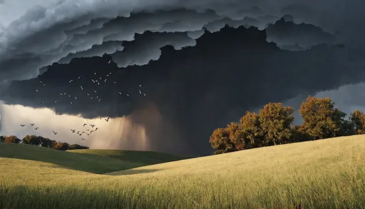 Prompt: (photorealistic) rolling hills landscape, (ominous looming thunderstorm), dark, puffy, swirling clouds, intense natural lighting, (dramatic atmosphere), leafs blowing fast across the ground, flocks of birds swirling chaotically towards trees, rich detail in foliage, stormy sky casting eerie shadows, (4K), (ultra-detailed), conveys a sense of urgency and tension in nature.