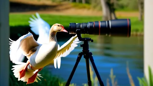 Prompt: (photorealistic) scene of a (goose using wings) to operate a camera on a tripod, the goose is standing on two flippers upright, capturing other birds in the distance, vibrant colors of a serene natural landscape, lush greenery surrounding the area, dynamic interplay of light and shadows, highlighting the charming curiosity of the goose, ultra-detailed, crisp focus on the intricate feather patterns and camera equipment.