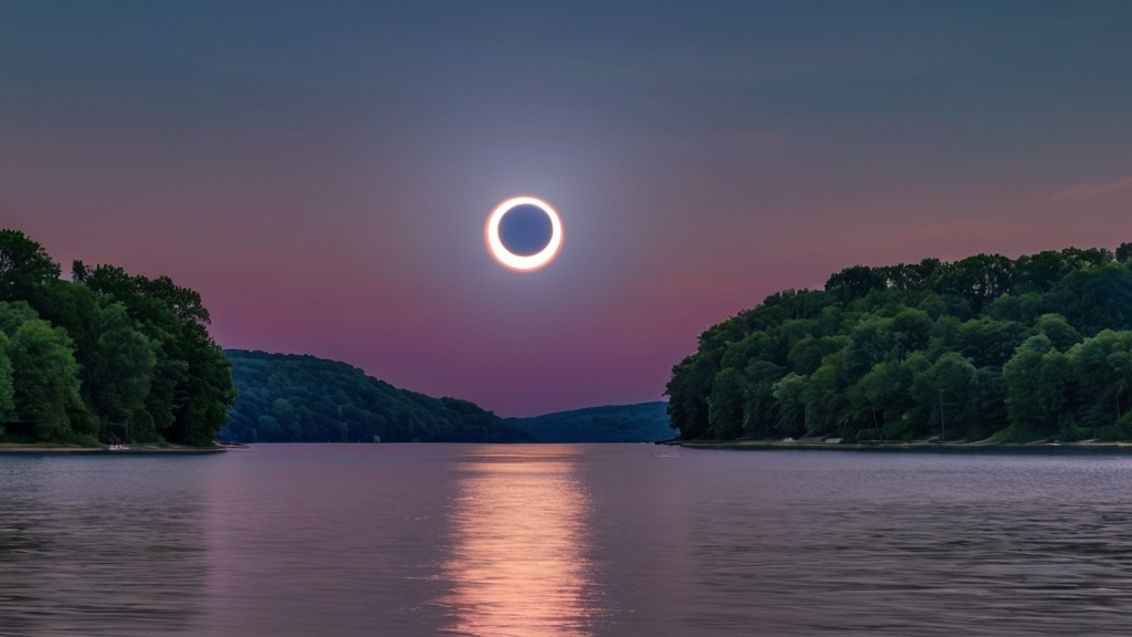 Prompt: (Photorealistic total solar eclipse), Monroe Lake beach, Bloomington Indiana, realistic (moon) and (sun) creating an eclipse, twilight lighting, 360 sunset, high dynamic range, deep navy blues blending into purples and pinks in the sky, reflections on the water, soft gentle waves, sandy shore with light textures, subtle shadows and highlights, serene and awe-inspiring atmosphere, high resolution, ultra-detailed, 4K.