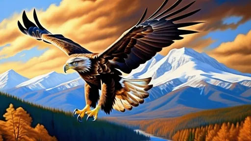 Prompt: photorealistic, (golden eagle) soaring through the sky, (bald eagle) in flight beside it, intense gaze, dynamic lighting, vibrant colors, dramatic contrast, high detail feathers, majestic pose, natural habitat, cloud-streaked blue sky, crisp image quality, incredible realism, showcasing nature's beauty, captivating wildlife interaction, ultra-detailed background elements.