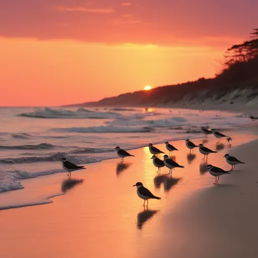 Prompt: (Cape Cod Massachusetts beach at sunset), vibrant orange and pink hues, Cormorants flying in the distance, piping plover birds standing on the beach looking forward, dramatic lighting, serene and peaceful atmosphere, gentle waves lapping against the shore, golden sand, silhouettes of birds against the sunset sky, ultra-detailed, 4K, high depth cinematic masterpiece, captivating seascape, tranquil background, photorealistic, breathtaking coastal scenery.