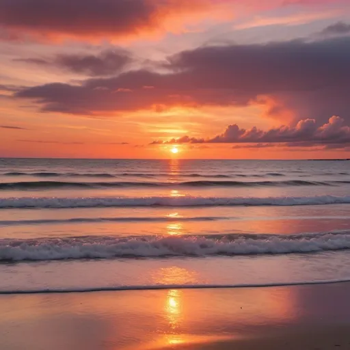 Prompt: (Dramatic sunset on Cape Cod Massachusetts), piping plovers flying in the distance, fluffy clouds, vibrant colors, warm golden hues, intense oranges and pinks, serene atmosphere, gentle waves, reflective ocean, serene horizon, picturesque coastline, detailed foreground and background, high-depth cinematic masterpiece, ultra-detailed, 4K quality, ethereal lighting, tranquil, heightened sense of peace and beauty, enhanced contrast and clarity, expansive sky.