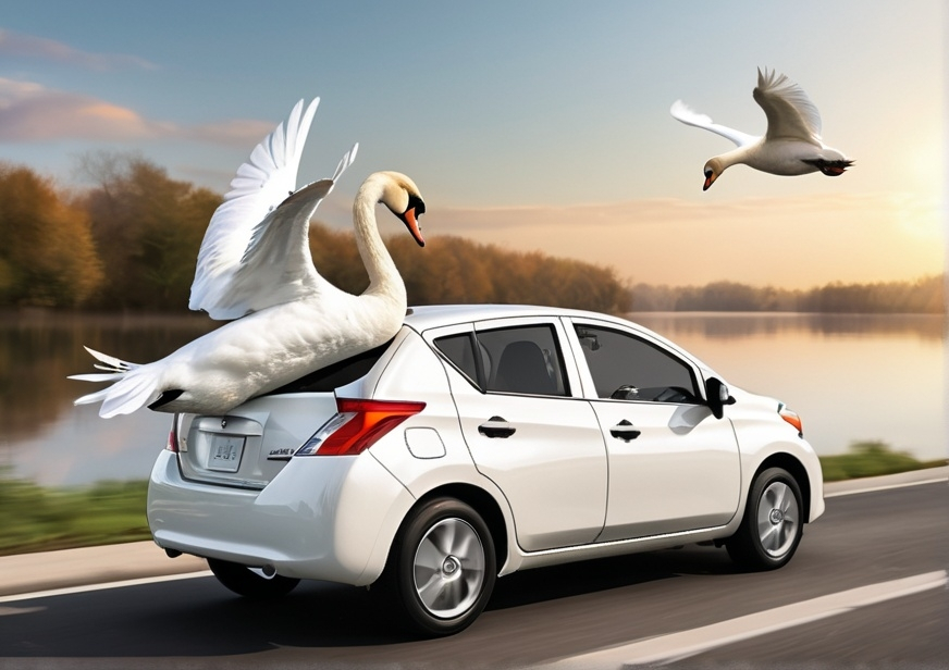 Prompt: Illustrate photorealistic scene of a mute swan driving a 2016 white Nissan Versa. The swan should be seated in the driver's seat, its wings extended and delicately gripping the steering wheel with their tips. Capture the swan’s graceful posture and detailed feathers, ensuring the focus is on its elegant interaction with the car’s interior. The car should be depicted in a dynamic angle, emphasizing motion as if the swan is driving smoothly. The background can be a simple, unobtrusive setting to keep the focus on the swan and the car.

