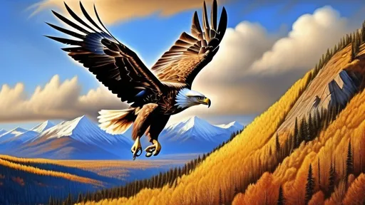 Prompt: photorealistic, (golden eagle) soaring through the sky, (bald eagle) in flight beside it, intense gaze, dynamic lighting, vibrant colors, dramatic contrast, high detail feathers, majestic pose, natural habitat, cloud-streaked blue sky, crisp image quality, incredible realism, showcasing nature's beauty, captivating wildlife interaction, ultra-detailed background elements.