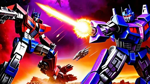 Prompt: (Photorealistic), (surrealism style), (dynamic contrast), (dynamic lighting), highly detailed image of Optimus Prime and Megatron engaged in an intense battle on the metallic alien planet Cybertron, chaotic backgrounds with other transformer mechs clashing fiercely, color palette with one side glowing red hue and the other deep purple hue, vibrant details, epic atmosphere, dramatic scene, ultra-detailed, HD.