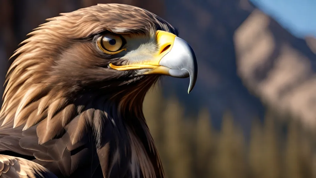 Prompt: (photorealistic) dynamic lighting, (dynamic contrast) high detail, fierce and focused golden eagle, eyes piercing through the frame, sharp feathers glistening in sunlight, rugged natural background, subtle bokeh effect enhancing the subject, grand majestic aura, elements of wildlife and nature, rich earthy tones, exquisite intricacy of plumage, ultra-detailed, HD quality