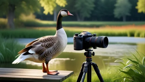 Prompt: (photorealistic) scene of a (goose using wings) to operate a camera on a tripod, the goose is standing on two flippers upright, capturing other birds in the distance, vibrant colors of a serene natural landscape, lush greenery surrounding the area, dynamic interplay of light and shadows, highlighting the charming curiosity of the goose, ultra-detailed, crisp focus on the intricate feather patterns and camera equipment.