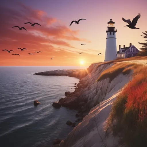 Prompt: Photorealistic (Cape Cod Massachusetts lighthouse) at sunset, (Cormorants flying) parallel to the lighthouse, vibrant warm tones, radiant sunlight casting long shadows, calm and serene atmosphere, richly detailed lighthouse, realistic coastal landscape, reds, oranges, and purples in the sky, water reflecting sunset hues, distant shorelines, ultra-detailed 4K resolution, cinematic lighting, high depth of field, tranquil and picturesque scene