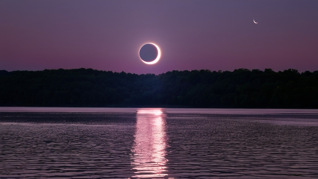 Prompt: (Photorealistic total solar eclipse), Monroe Lake beach, Bloomington Indiana, realistic (moon) and (sun) creating an eclipse, twilight lighting, 360 sunset, high dynamic range, deep navy blues blending into purples and pinks in the sky, reflections on the water, soft gentle waves, sandy shore with light textures, subtle shadows and highlights, serene and awe-inspiring atmosphere, high resolution, ultra-detailed, 4K.