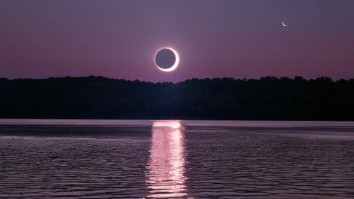 Prompt: (Photorealistic total solar eclipse), Monroe Lake beach, Bloomington Indiana, realistic (moon) and (sun) creating an eclipse, twilight lighting, 360 sunset, high dynamic range, deep navy blues blending into purples and pinks in the sky, reflections on the water, soft gentle waves, sandy shore with light textures, subtle shadows and highlights, serene and awe-inspiring atmosphere, high resolution, ultra-detailed, 4K.