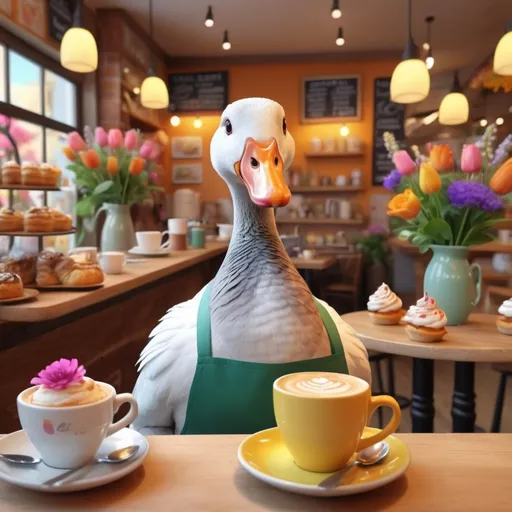 Prompt: (whimsical scene) photorealistic, a goose dressed in a (barista apron), energetically serving coffee, (charming birds) like pigeons and ducks gathered around (tiny café tables) with playful expressions, (soft warm lighting) illuminating the vibrant café, surrounded by (flowers and pastries), creating a delightful atmosphere, (colorful, inviting) ambiance, ultra-detailed, 4K quality, full of life and whimsy.