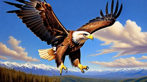 Prompt: photorealistic, (golden eagle) soaring through the sky, (bald eagle) in flight beside it, intense gaze, dynamic lighting, vibrant colors, dramatic contrast, high detail feathers, majestic pose, natural habitat, cloud-streaked blue sky, crisp image quality, incredible realism, showcasing nature's beauty, captivating wildlife interaction, ultra-detailed background elements.