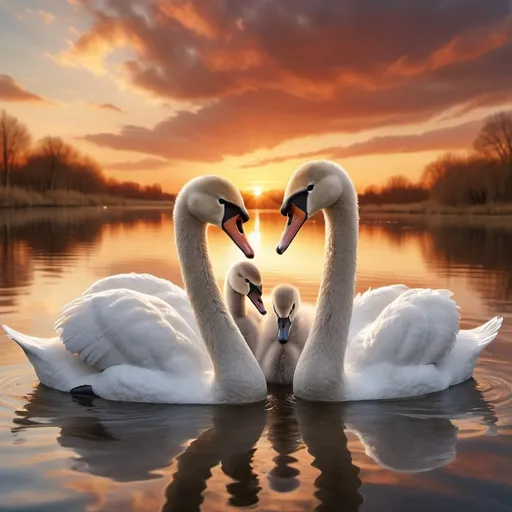 Prompt: Photorealistic image of (mute swans) looking at each other making a heart shape with their necks, (baby swan Cygnet in the middle) of the two mute swans, baby swan Cygnet looking at the camera, dramatic sunset, puffy clouds in the background, warm tones, serene atmosphere, detailed water reflection, vibrant colors, high detail feathers, ultra-detailed, 4K HD quality.