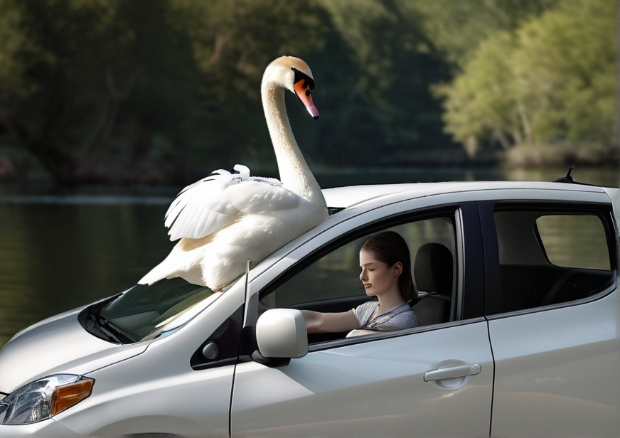 Prompt: Illustrate photorealistic scene of a mute swan driving a 2016 white Nissan Versa. The swan should be seated in the driver's seat, its wings extended and delicately gripping the steering wheel with their tips. Capture the swan’s graceful posture and detailed feathers, ensuring the focus is on its elegant interaction with the car’s interior. The car should be depicted in a dynamic angle, emphasizing motion as if the swan is driving smoothly. The background can be a simple, unobtrusive setting to keep the focus on the swan and the car.

