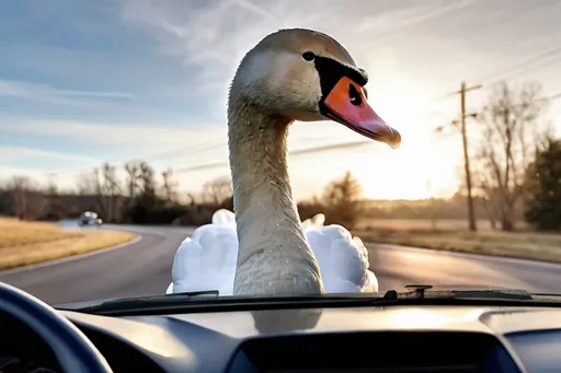 Prompt: A photorealistic scene of a mute swan driving a 2016 Nissan Versa. The camera angle is positioned on the hood of the car, facing the swan as it grips the steering wheel with its wings. The swan's feathers are slightly ruffled, and its eyes are focused intently on the road. The dashboard of the car is visible in the background, with the reflections of the swan and the sky visible on the windshield. The lighting is natural, capturing the textures and details of the swan's feathers and the car's metallic surface.