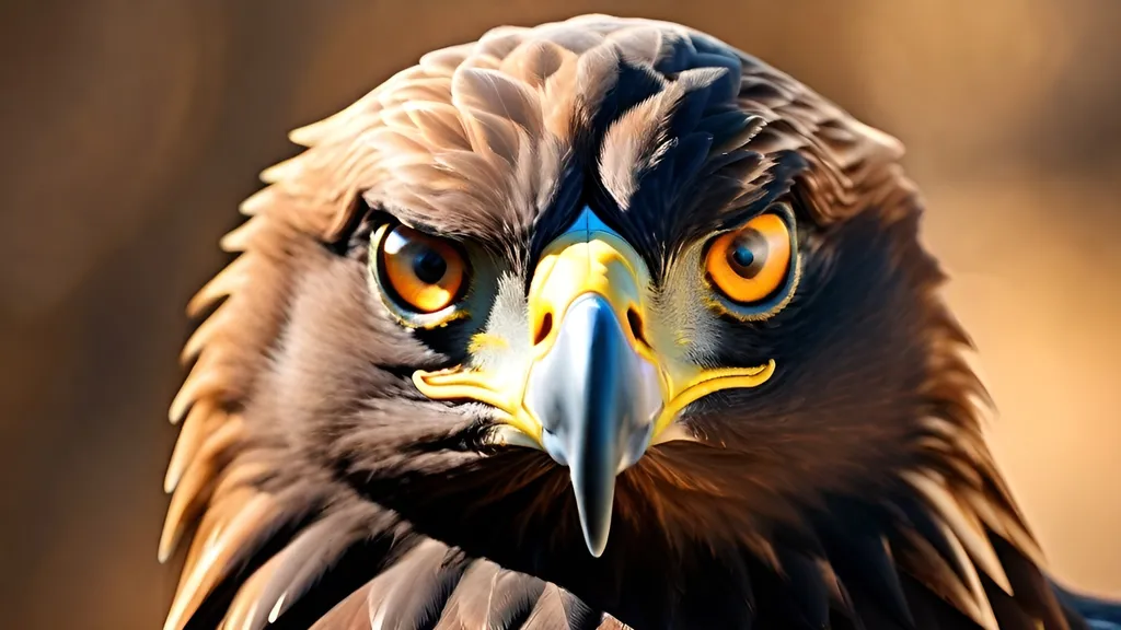 Prompt: (photorealistic) dynamic lighting, (dynamic contrast) high detail, fierce and focused golden eagle, eyes piercing through the frame, sharp feathers glistening in sunlight, rugged natural background, subtle bokeh effect enhancing the subject, grand majestic aura, elements of wildlife and nature, rich earthy tones, exquisite intricacy of plumage, ultra-detailed, HD quality