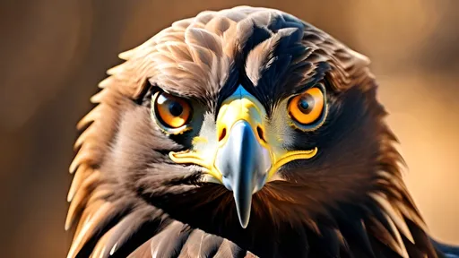 Prompt: (photorealistic) dynamic lighting, (dynamic contrast) high detail, fierce and focused golden eagle, eyes piercing through the frame, sharp feathers glistening in sunlight, rugged natural background, subtle bokeh effect enhancing the subject, grand majestic aura, elements of wildlife and nature, rich earthy tones, exquisite intricacy of plumage, ultra-detailed, HD quality