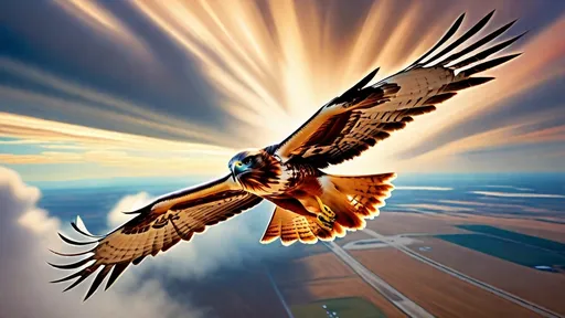 Prompt: (photorealistic), stunningly detailed red tail hawk soaring gracefully, Cessna plane performing synchronized circular flight, dynamic lighting creating vivid contrasts, high detail feathers glistening, dramatic sky as backdrop, sense of motion captured, vibrant colors highlighting subject interplay, ultra-detailed, cinematic atmosphere, capturing a moment of nature meeting aviation sophistication, airport visible below