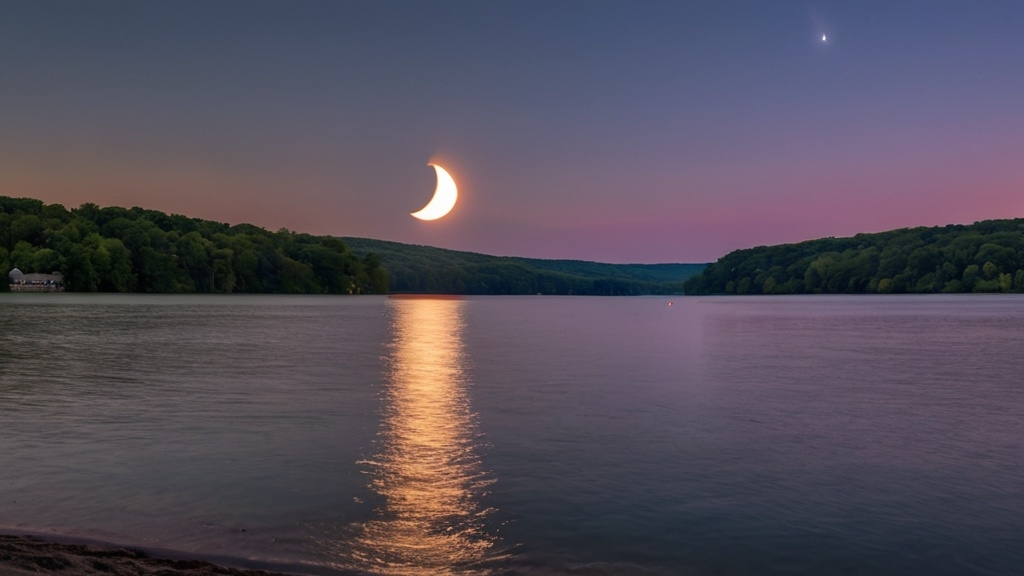 Prompt: (Photorealistic total solar eclipse), Monroe Lake beach, Bloomington Indiana, realistic (moon) and (sun) creating an eclipse, twilight lighting, 360 sunset, high dynamic range, deep navy blues blending into purples and pinks in the sky, reflections on the water, soft gentle waves, sandy shore with light textures, subtle shadows and highlights, serene and awe-inspiring atmosphere, high resolution, ultra-detailed, 4K.