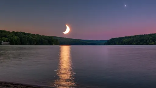 Prompt: (Photorealistic total solar eclipse), Monroe Lake beach, Bloomington Indiana, realistic (moon) and (sun) creating an eclipse, twilight lighting, 360 sunset, high dynamic range, deep navy blues blending into purples and pinks in the sky, reflections on the water, soft gentle waves, sandy shore with light textures, subtle shadows and highlights, serene and awe-inspiring atmosphere, high resolution, ultra-detailed, 4K.