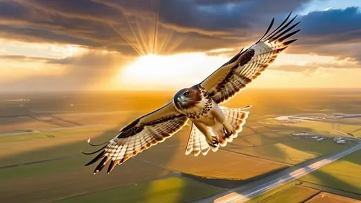 Prompt: Photorealistic, dynamic lighting, dynamic contrast, high detail, Photorealistic, dynamic lighting, dynamic contrast, high detail, (masterpiece), (photorealistic), ultra-detailed, a stunningly detailed red-tailed hawk soaring gracefully with wings fully spread, capturing motion blur in the feathers, a Cessna plane performing synchronized circular flight nearby, dramatic dynamic lighting casting vivid contrasts, (high detail feathers glistening in the sunlight), cinematic view, dramatic sky with stormy clouds and golden sunrays breaking through, creating a breathtaking backdrop, vibrant colors highlighting the interplay between nature and aviation, airport visible below with a runway and hangars, hyper-realistic, (cinematic atmosphere), capturing the moment of nature meeting aviation sophistication, (eye-level shot), 8k resolution, impeccable focus, depth of field