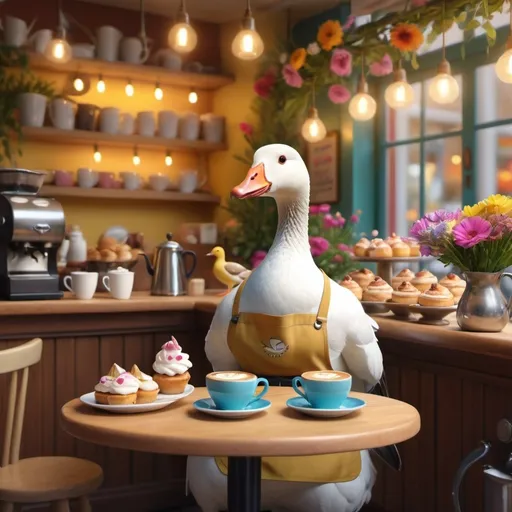 Prompt: (whimsical scene) a goose dressed in a (barista apron), energetically serving coffee, (charming birds) like pigeons and ducks gathered around (tiny café tables) with playful expressions, (soft warm lighting) illuminating the vibrant café, surrounded by (flowers and pastries), creating a delightful atmosphere, (colorful, inviting) ambiance, ultra-detailed, 4K quality, full of life and whimsy.