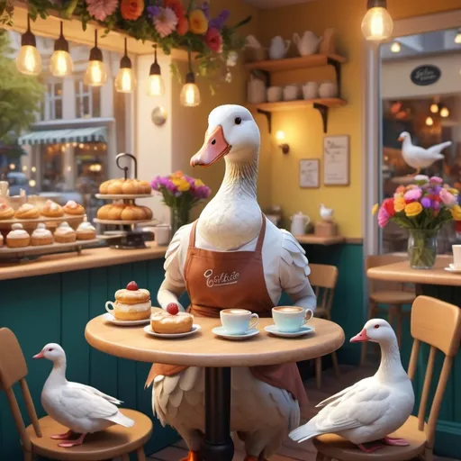 Prompt: (whimsical scene) a goose dressed in a (barista apron), energetically serving coffee, (charming birds) like pigeons and ducks gathered around (tiny café tables) with playful expressions, (soft warm lighting) illuminating the vibrant café, surrounded by (flowers and pastries), creating a delightful atmosphere, (colorful, inviting) ambiance, ultra-detailed, 4K quality, full of life and whimsy.