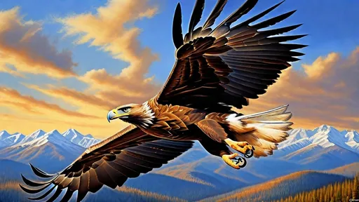 Prompt: photorealistic, (golden eagle) soaring through the sky, (bald eagle) in flight beside it, intense gaze, dynamic lighting, vibrant colors, dramatic contrast, high detail feathers, majestic pose, natural habitat, cloud-streaked blue sky, crisp image quality, incredible realism, showcasing nature's beauty, captivating wildlife interaction, ultra-detailed background elements.