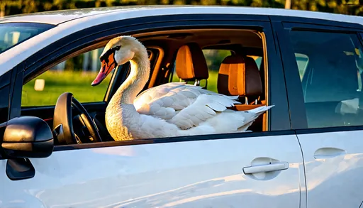 Prompt: A photorealistic image of a mute swan sitting in the driver's seat of a white Nissan Versa 2016, captured from outside the car, the swan is behind the glass sitting on the drivers seat. The scene is set in the late afternoon with dynamic lighting highlighting the contours of the car and the swan. Realistic reflections on the car windows and body, with detailed glass transparency effects allowing the swan's graceful posture to be visible through the window. The composition is highly detailed with sharp focus, emphasizing the textures of the car's interior and the feathers of the swan. Subtle environmental reflections on the car's surface add to the realism, dynamic contrast, and shadowing to enhance the depth of the image. (photographic:1.3), (realism:1.2), (high detail:1.4), (dynamic contrast:1.2).