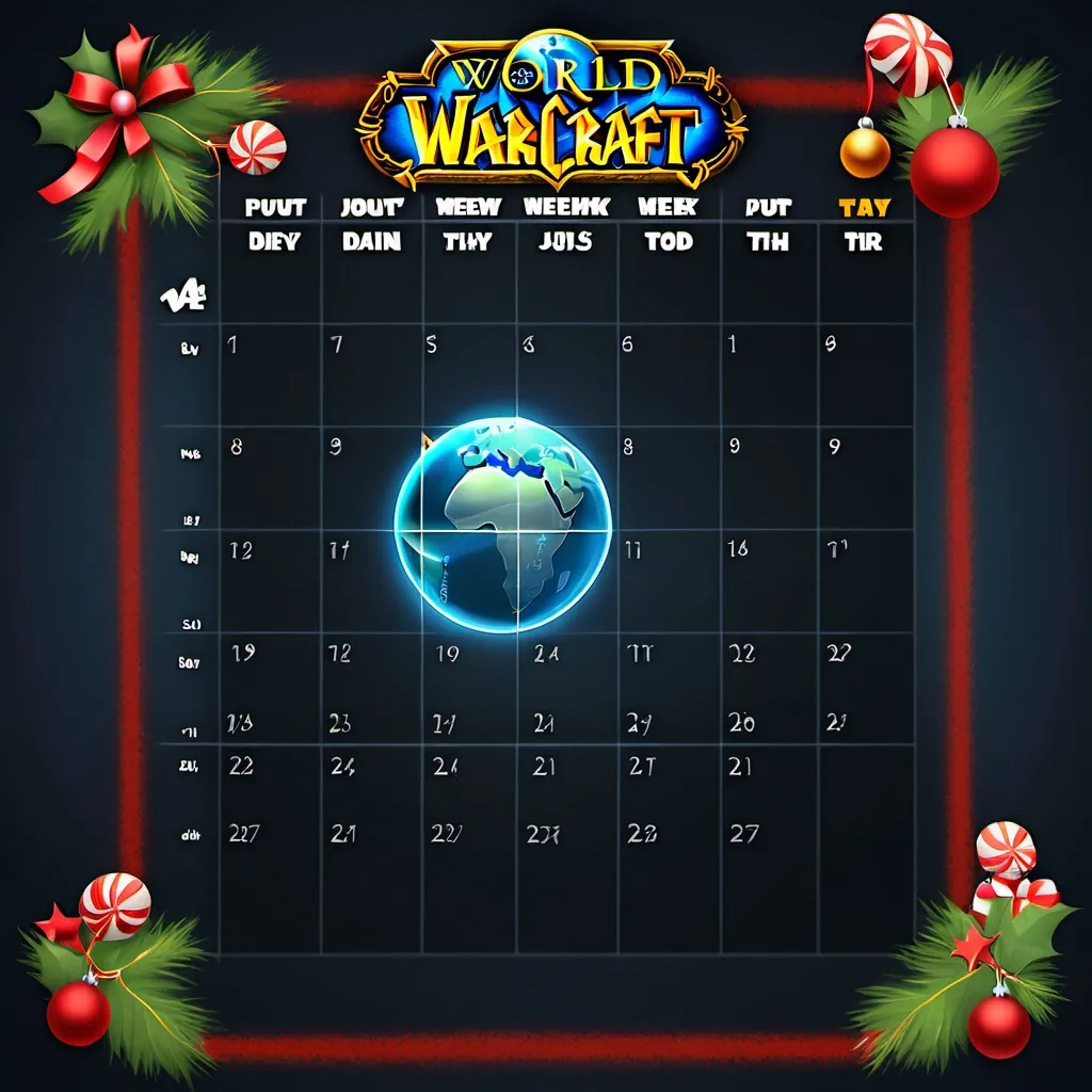 Prompt: December 2024 daily calendar with world of Warcraft theme have it christmas putting week's day from 1st to 31th put the animations aside of it and leave the dates empty