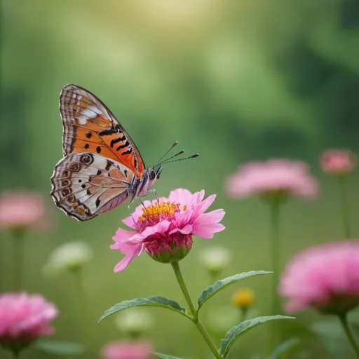 Prompt: a butterfly sitting on a pink flower in a field of flowers and greenery in the background is a forest, Bikash Bhattacharjee, color field, nature, a macro photograph
