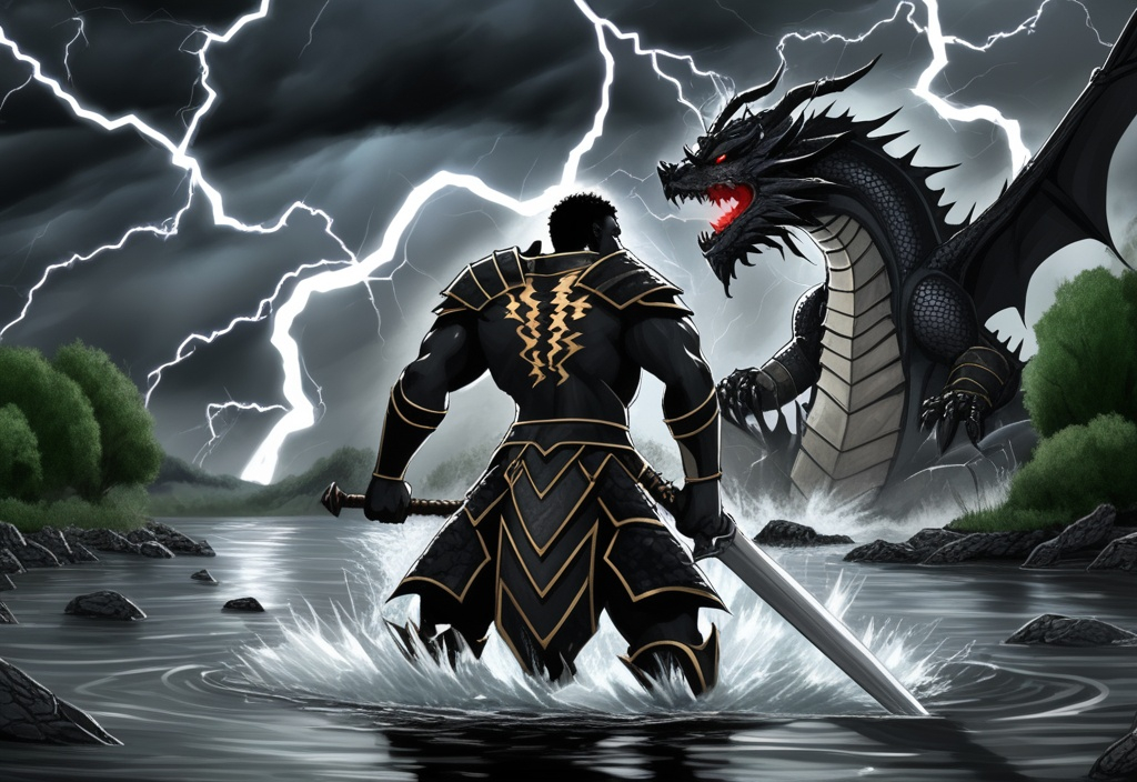 Prompt: black mighty human warrior in a river drinking water with chaos around. in the background there is dark skies with lightning and dragons
