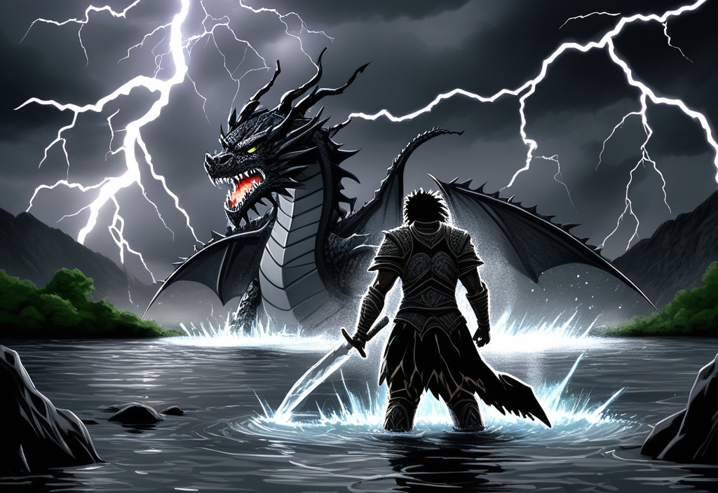 Prompt: black mighty human warrior in a river drinking water with chaos around. in the background there is dark skies with lightning and dragons
