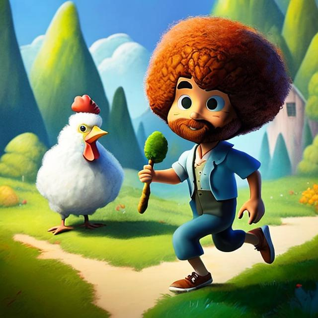 Prompt: Little cartoon Bob Ross running away from a giant chicken 